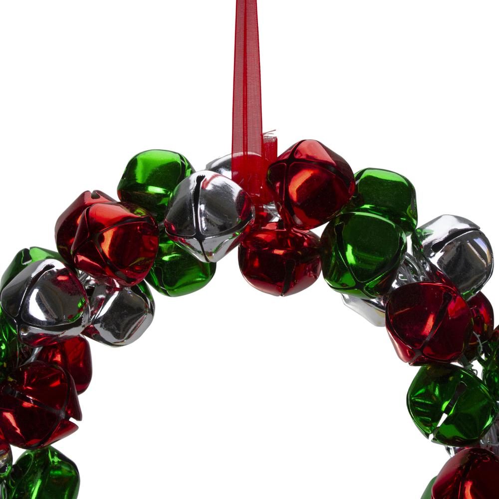 9" Red  Green  and Silver Jingle Bell Christmas Wreath. Picture 2