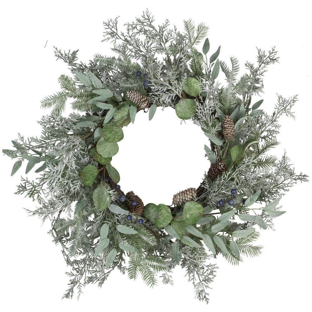 Frosted Green Mixed Foliage and Blueberries Christmas Wreath 26-Inch Unlit. Picture 1