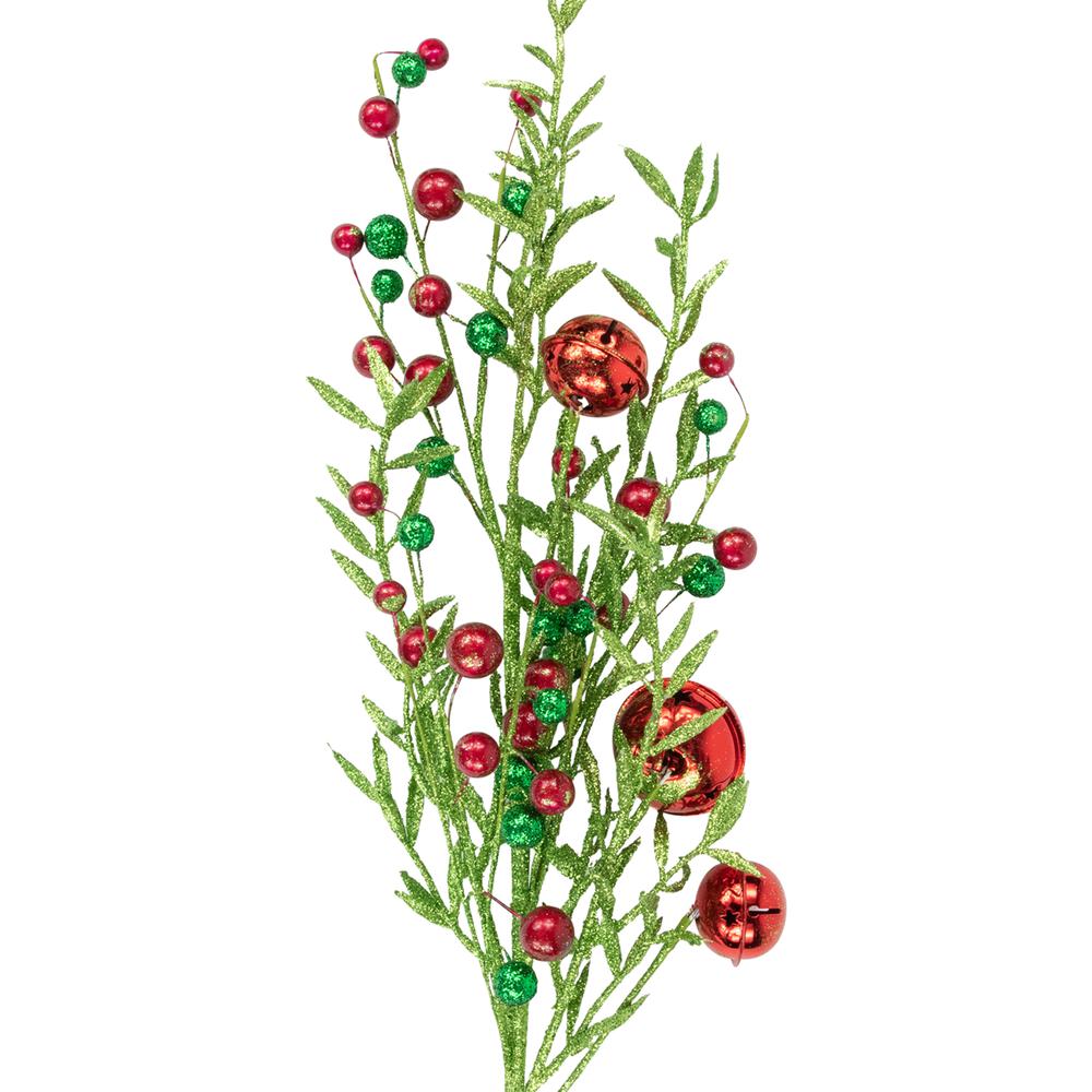 32" Green and Red Jingle Bells and Berry Artificial Glitter Christmas Spray. Picture 3