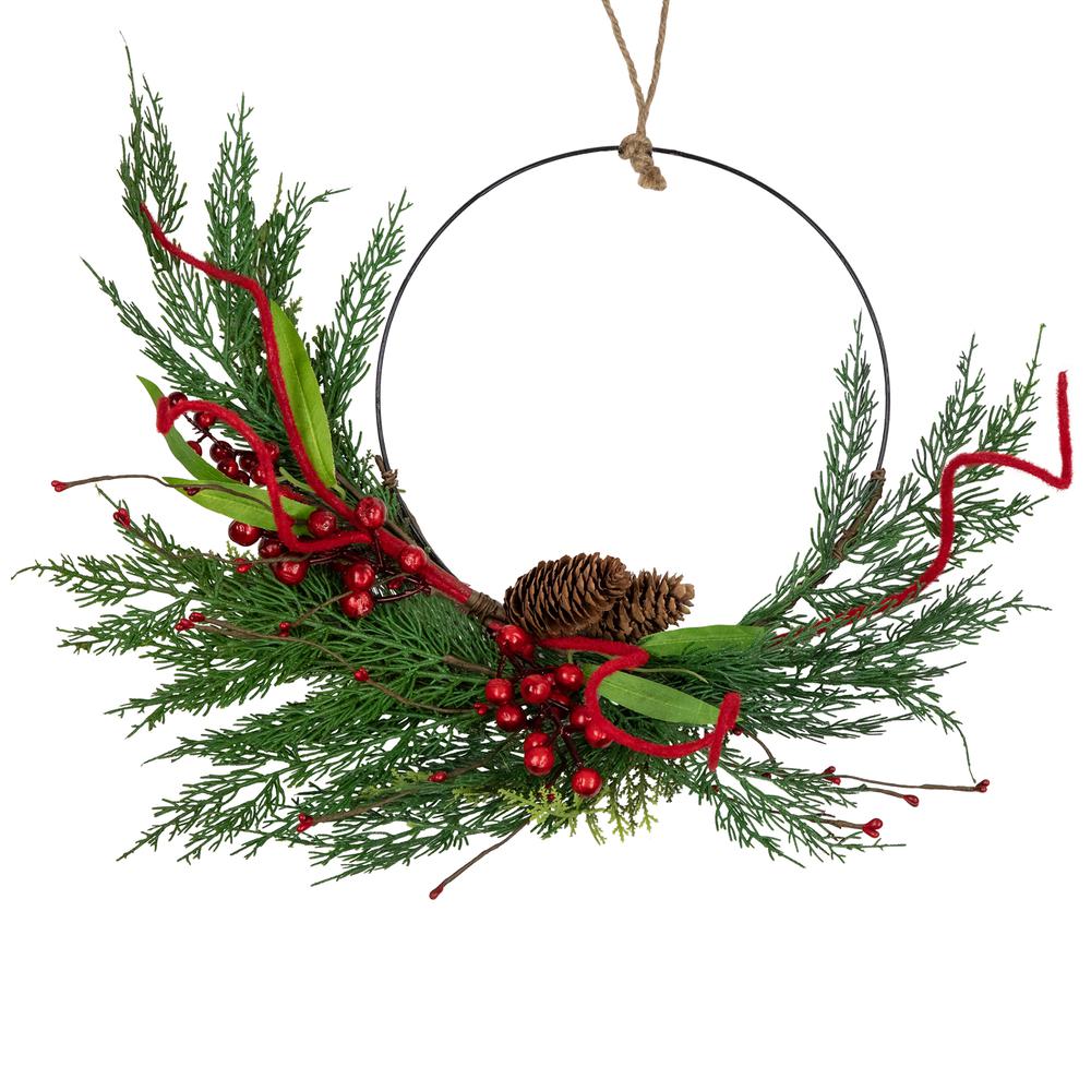 Mixed Greenery and Berry Artificial Asymmetrical Christmas Wreath 18-Inch Unlit. Picture 1