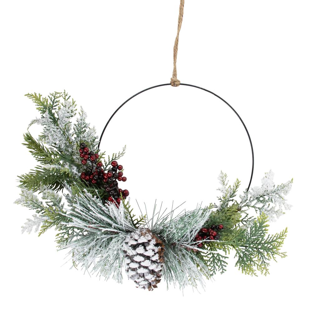 Frosted Mixed Foliage with Berries and Pinecone Christmas Wreath 16-Inch Unlit. Picture 1