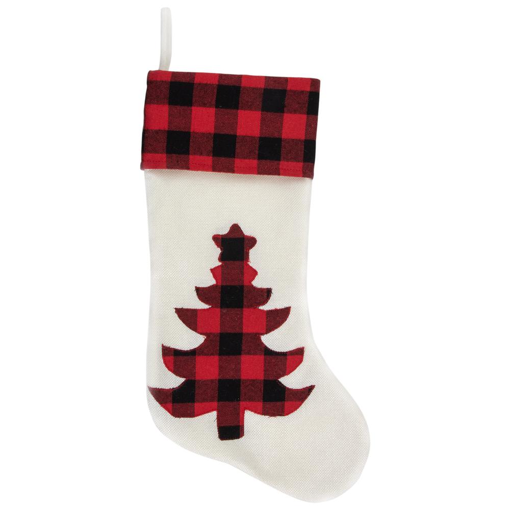 20" Cream White  Red  and Black Buffalo Plaid Tree Christmas Stocking. Picture 1