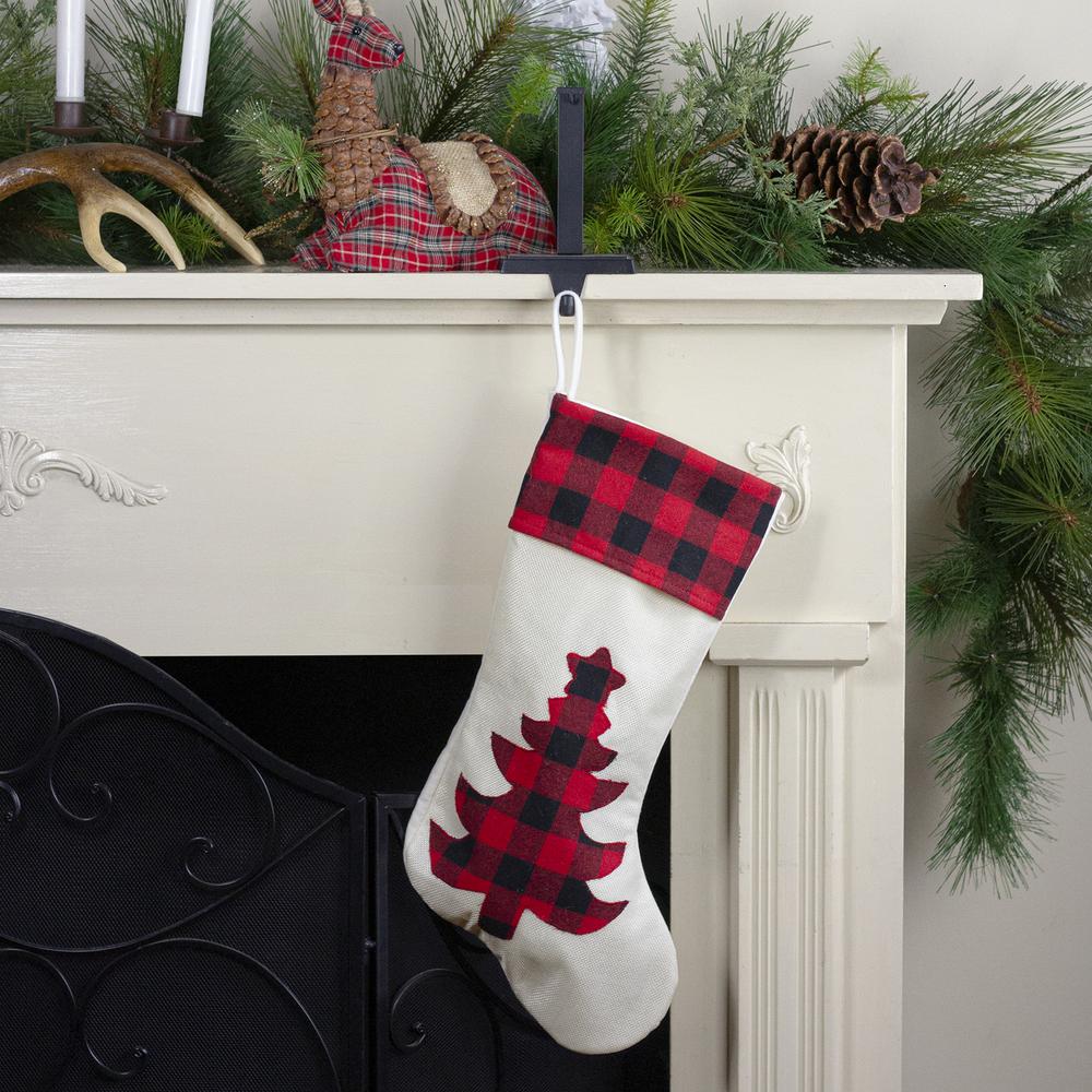 20" Cream White  Red  and Black Buffalo Plaid Tree Christmas Stocking. Picture 2