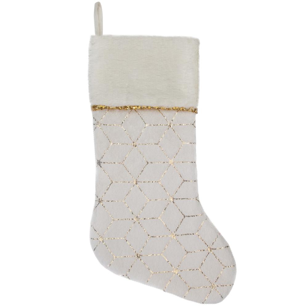 20" Cream and Gold Christmas Stocking with Faux Fur. Picture 1