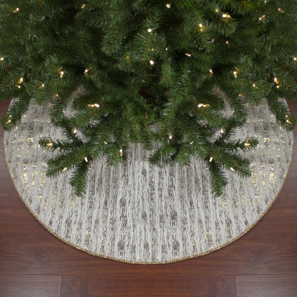 48" Cream and Gold Wood Grain Pattern and Faux Fur Christmas Tree Skirt. Picture 4