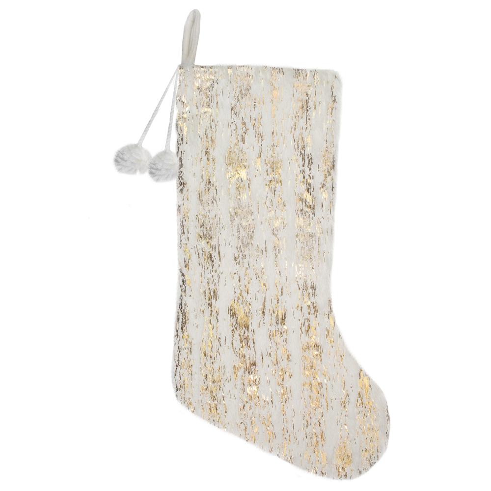 20" Cream and Gold Wood Grain Pattern and Faux Fur Christmas Stocking. Picture 1