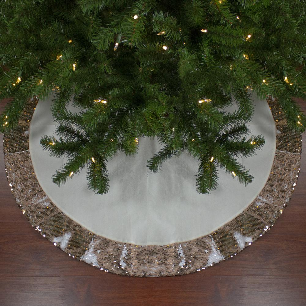 48" Rose Gold and White Reversible Sequin Trim Christmas Tree Skirt. Picture 2
