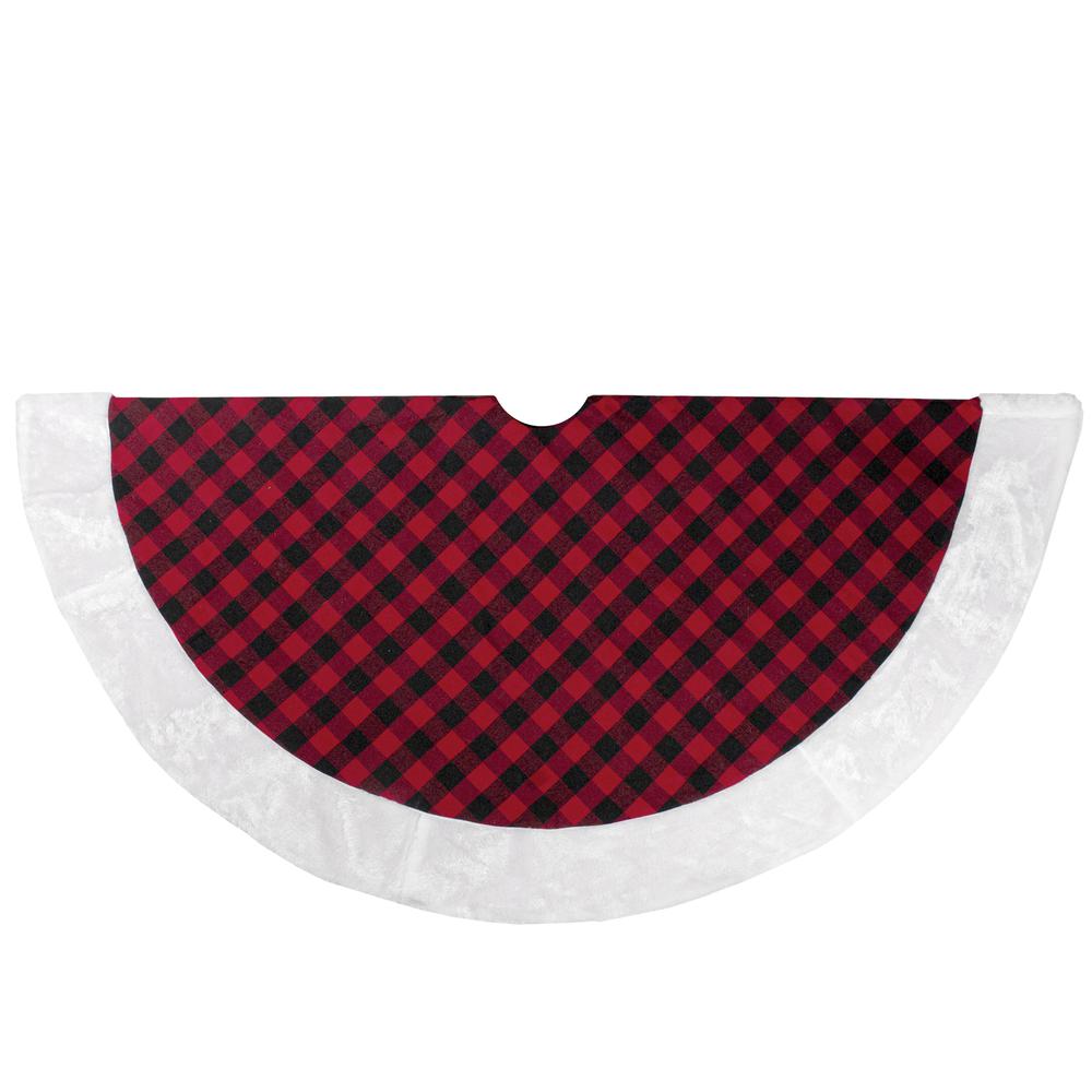 48" Red and Black Buffalo Plaid Christmas Tree Skirt with Faux Fur Trim. Picture 1