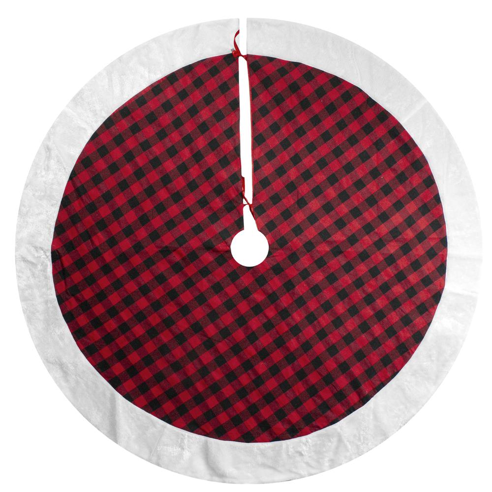 48" Red and Black Buffalo Plaid Christmas Tree Skirt with Faux Fur Trim. Picture 3