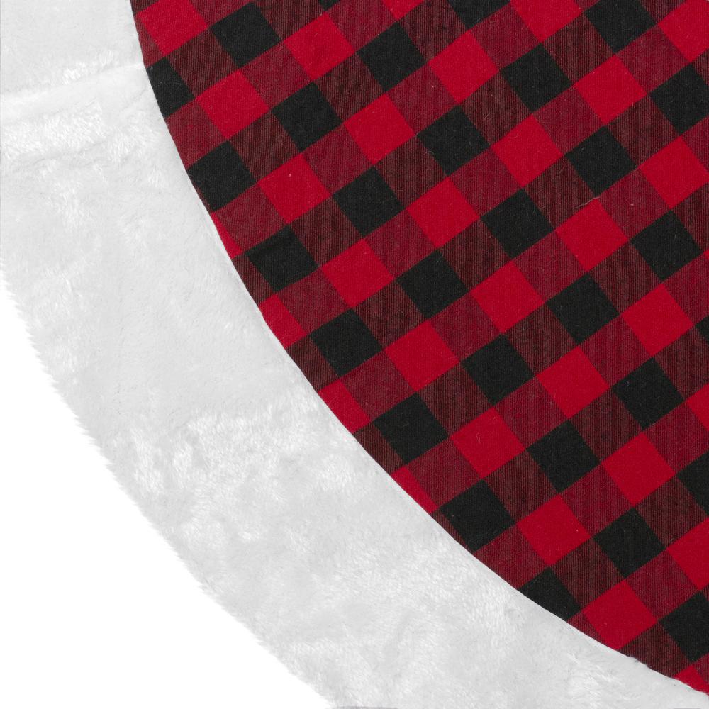 48" Red and Black Buffalo Plaid Christmas Tree Skirt with Faux Fur Trim. Picture 4
