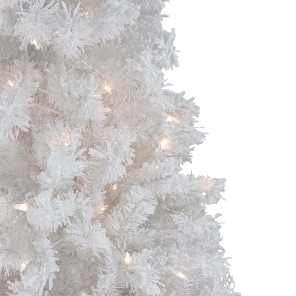 7.5' Pre-Lit Flocked White Spruce Artificial Christmas Tree - Clear Lights. Picture 3