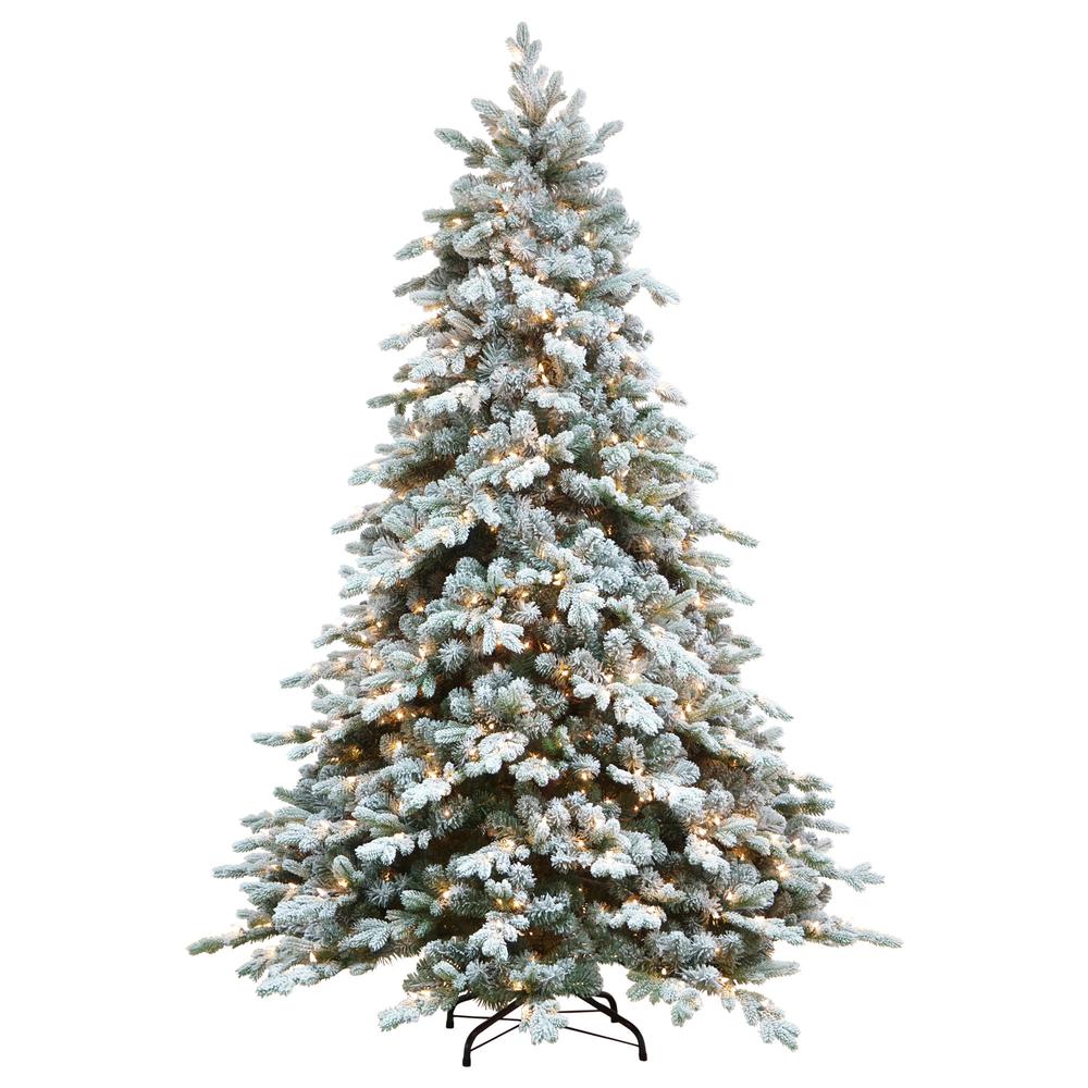7.5' Pre-Lit Flocked Saratoga Spruce Artificial Christmas Tree - Clear Lights. Picture 1