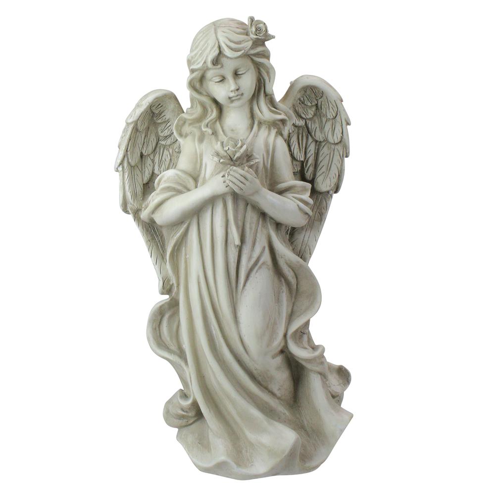 17" Peaceful Angel Holding a Rose Outdoor Garden Statue. Picture 1