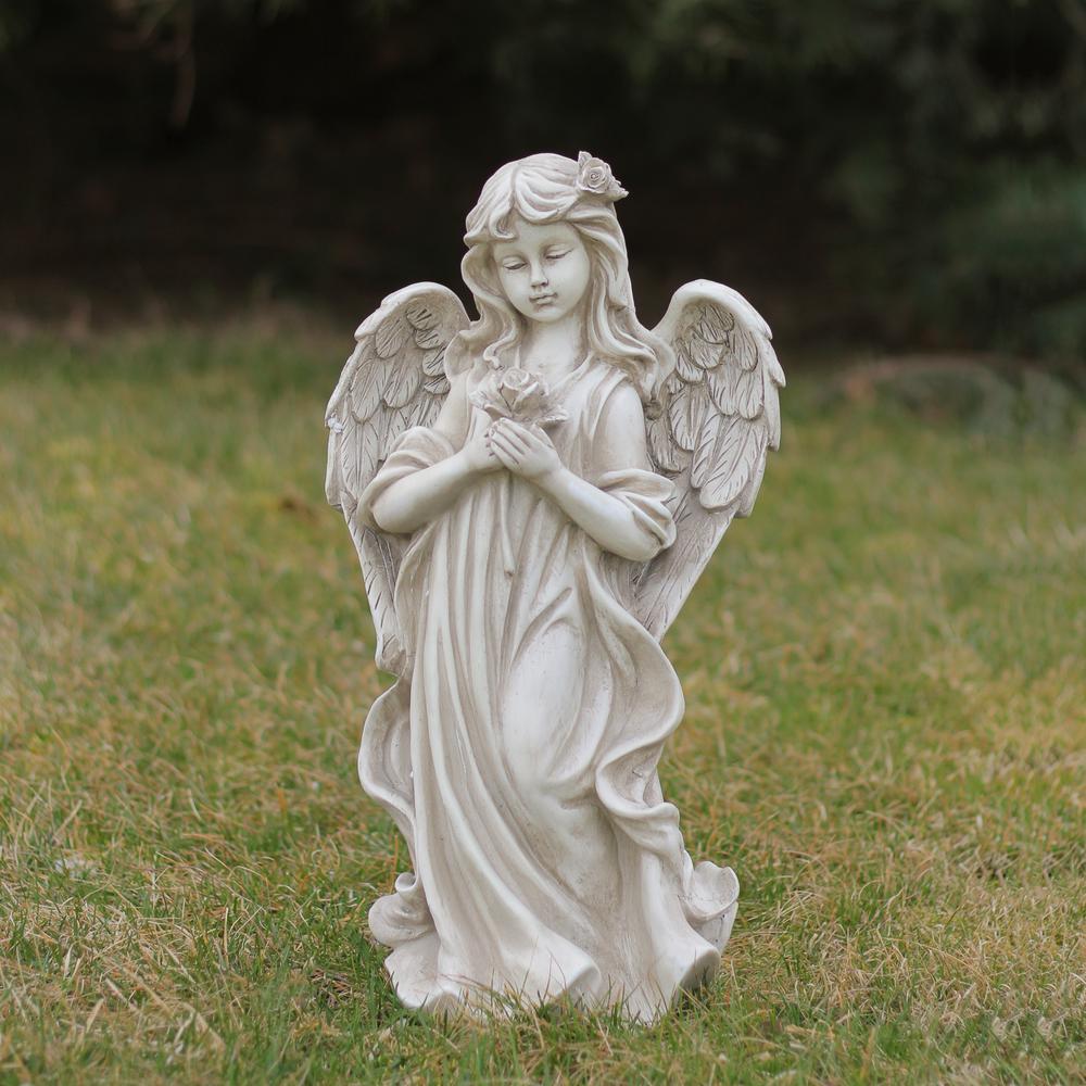 17" Peaceful Angel Holding a Rose Outdoor Garden Statue. Picture 3