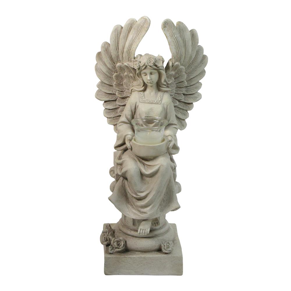 17" Peaceful Angel Sitting on a Pedestal Candle Holder Statue. Picture 1