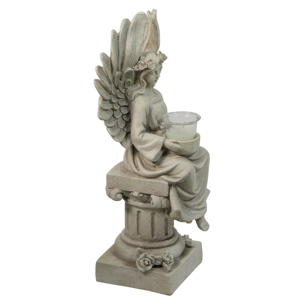 17" Peaceful Angel Sitting on a Pedestal Candle Holder Statue. Picture 2