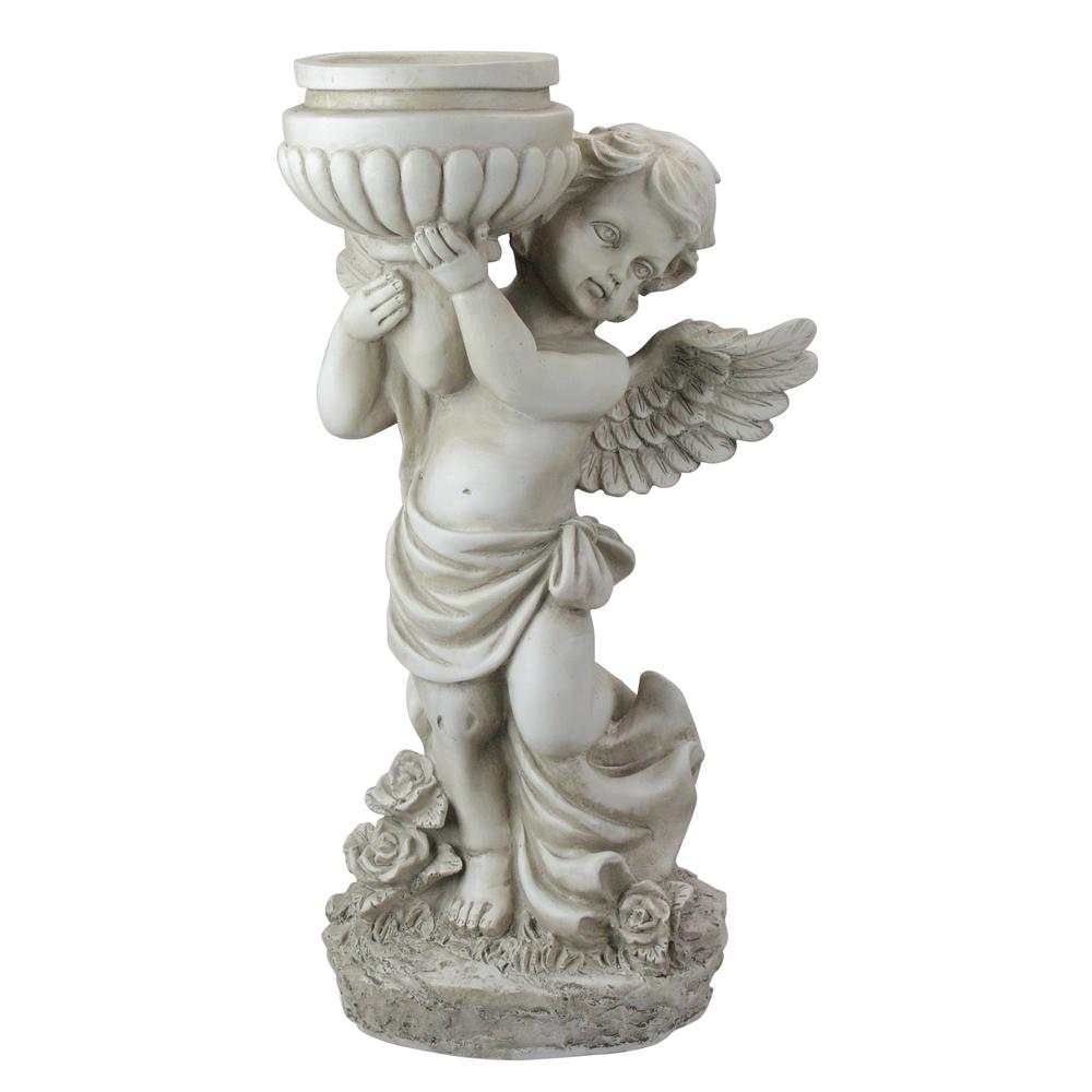17" Angel Cherub Holding a Birdbath Outdoor Garden Statue. Picture 1