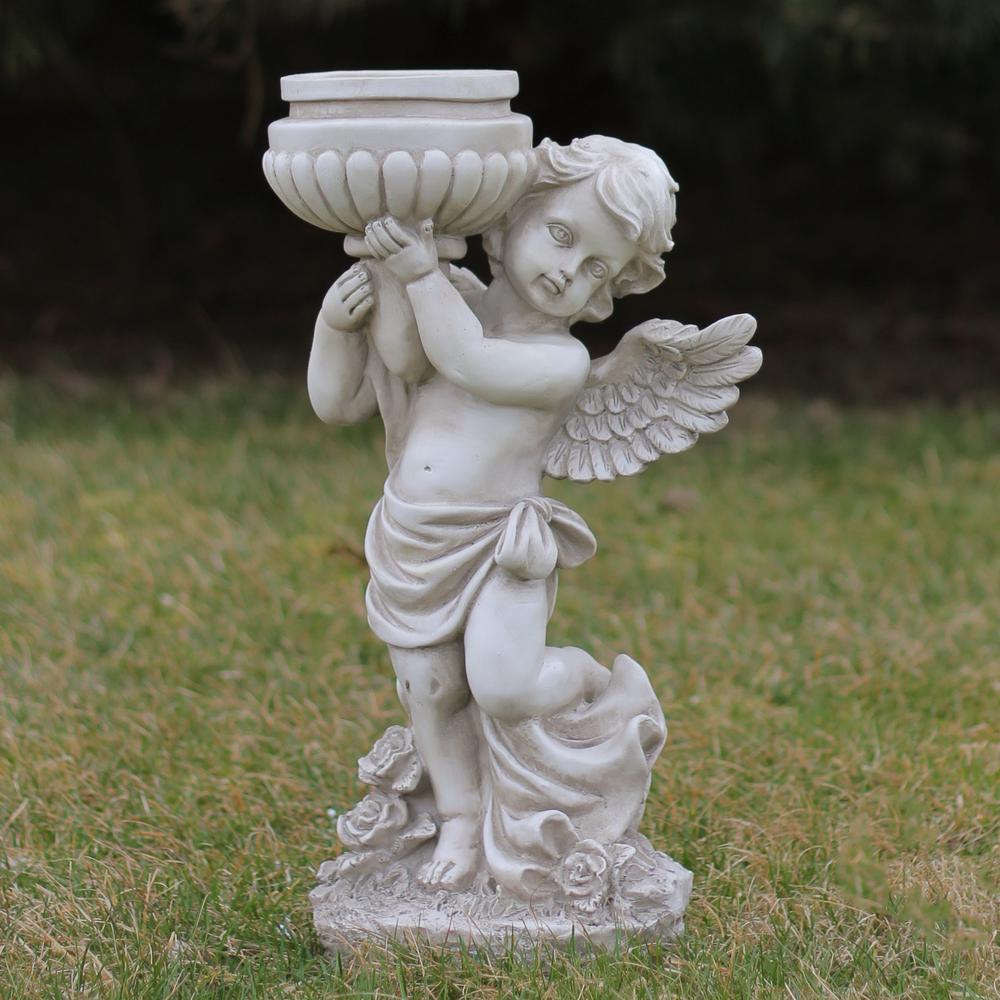 17" Angel Cherub Holding a Birdbath Outdoor Garden Statue. Picture 3