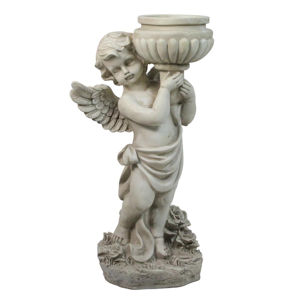 17" Cherub Angel Holding a Bird Bath Outdoor Garden Statue. Picture 1