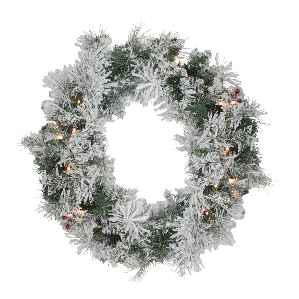 Pre-Lit Flocked Victoria Pine Artificial Christmas Wreath - 24-Inch  Clear Lights. Picture 1