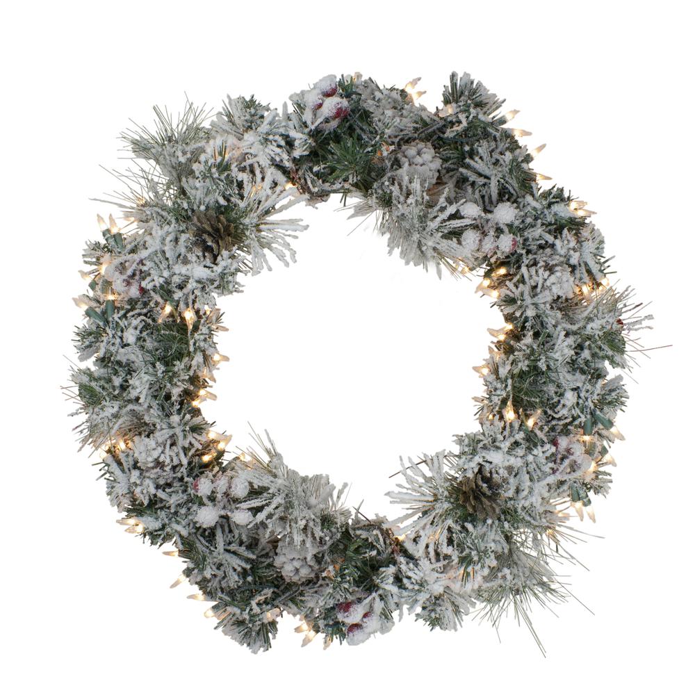 Heavily Flocked Berries and Pine Cones Christmas Wreath - 24-Inch Clear Lights. Picture 1