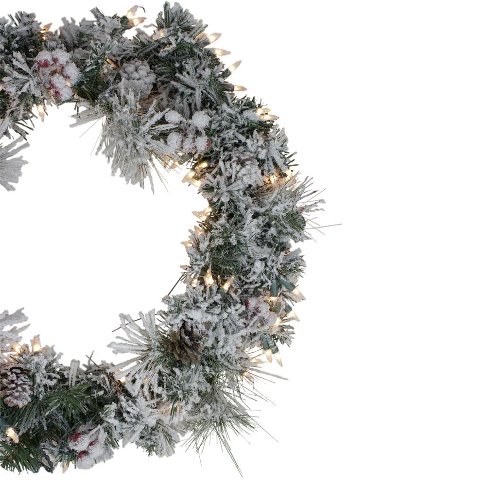 Heavily Flocked Berries and Pine Cones Christmas Wreath - 24-Inch Clear Lights. Picture 2
