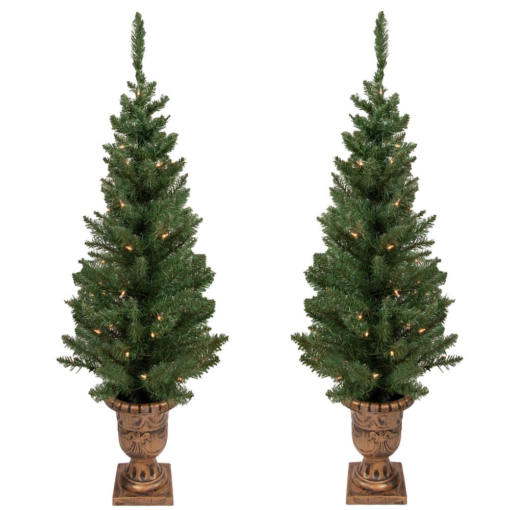 Set of 2 Pre-Lit Potted Porch Pine Topiary Slim Artificial Christmas Trees 4' - Clear Lights. Picture 1