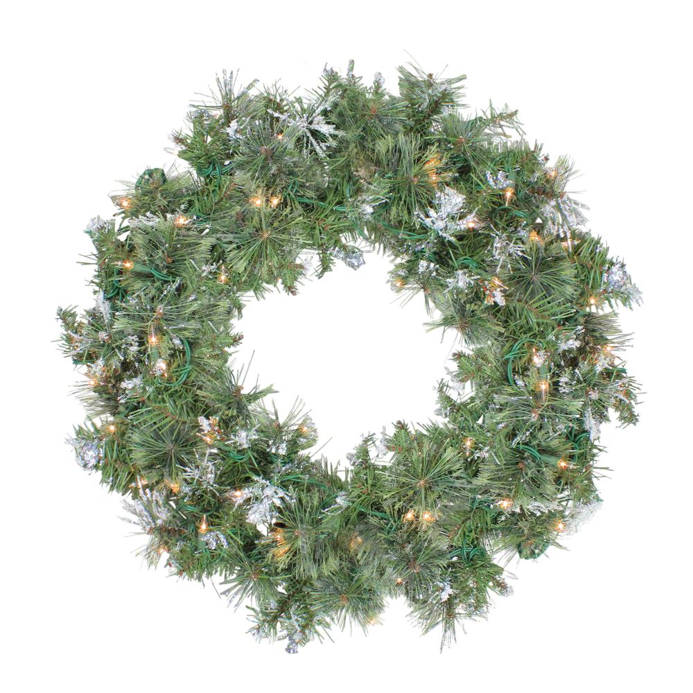 Pre-Lit Snow Mountain Pine Artificial Christmas Wreath - 24-Inch  Clear Lights. Picture 1