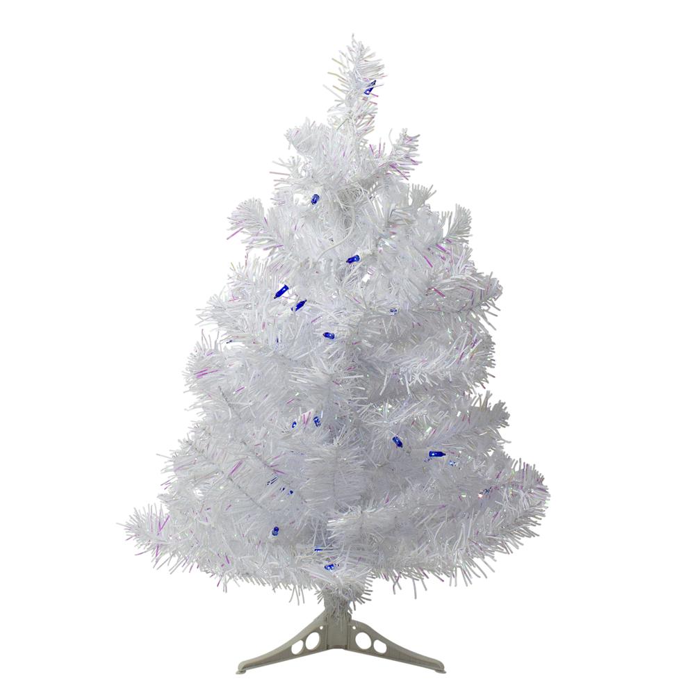 2' Pre-lit White Iridescent Pine Artificial Christmas Tree - Blue Lights. Picture 1