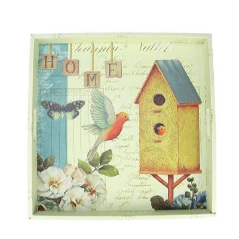 Set of 3 Yellow and White Birdhouse in Garden Square Serving Trays 16". Picture 2