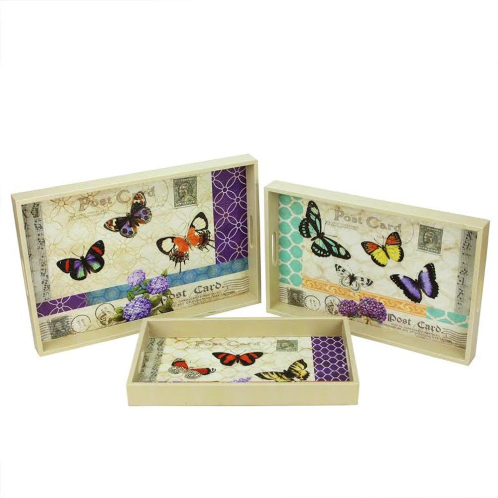 Set of 3 Ivory and Purple Butterflies Rectangular Serving Trays 19". The main picture.