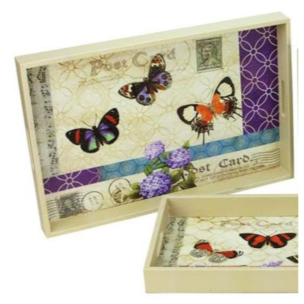 Set of 3 Ivory and Purple Butterflies Rectangular Serving Trays 19". Picture 2