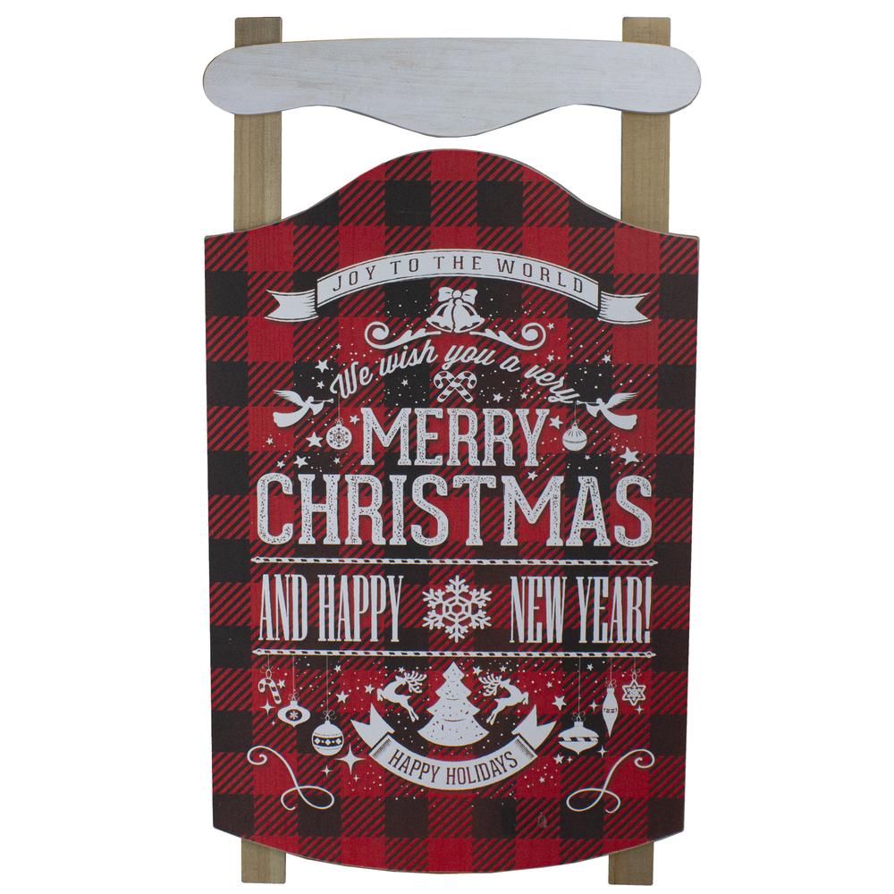 24" Red and Black Buffalo Plaid Merry Christmas Sled Wooden Hanging Wall Sign. Picture 1