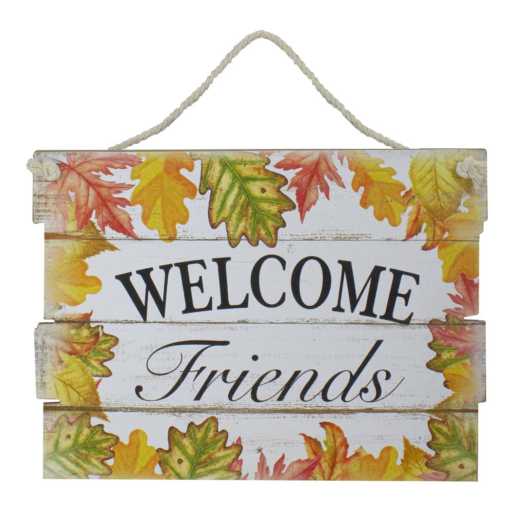 16" Autumn Leaves Welcome Friends Wooden Hanging Wall Sign. Picture 1