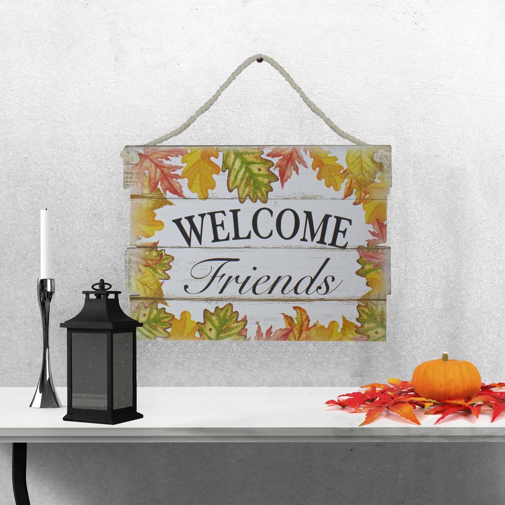 16" Autumn Leaves Welcome Friends Wooden Hanging Wall Sign. Picture 4