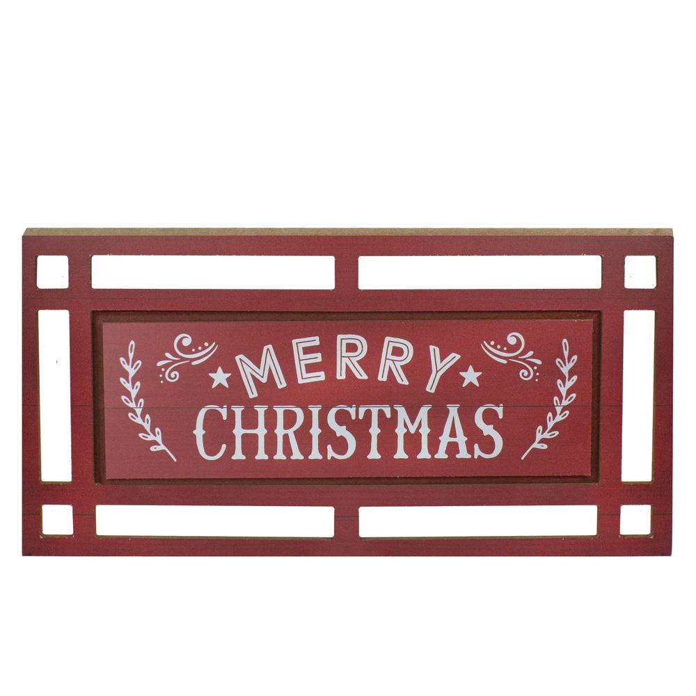 24" Red and White Merry Christmas Rectangular Carved Wooden Wall Sign. Picture 1