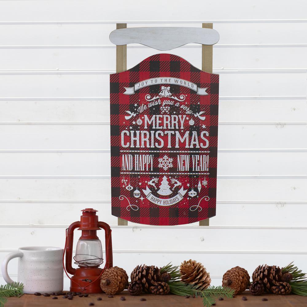 24" Red and Black Buffalo Plaid Merry Christmas Sled Wooden Hanging Wall Sign. Picture 2