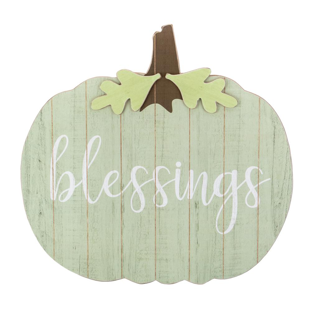 20" Green and Brown Blessings Pumpkin Wooden Thanksgiving Hanging Wall Sign. Picture 1