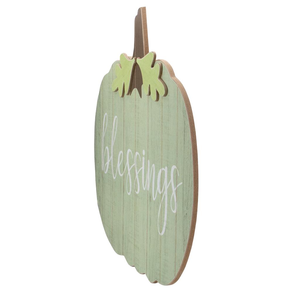 20" Green and Brown Blessings Pumpkin Wooden Thanksgiving Hanging Wall Sign. Picture 4
