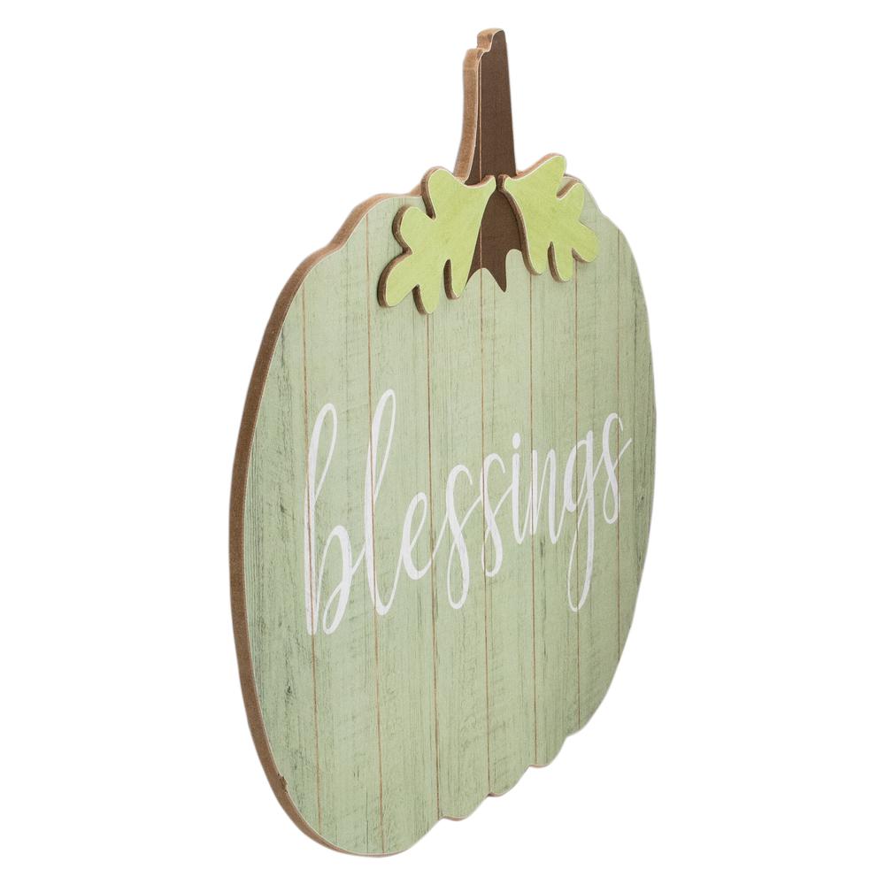 20" Green and Brown Blessings Pumpkin Wooden Thanksgiving Hanging Wall Sign. Picture 3