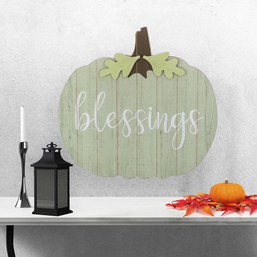 20" Green and Brown Blessings Pumpkin Wooden Thanksgiving Hanging Wall Sign. Picture 5