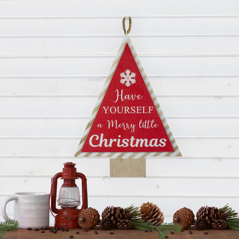 16" Red and White Merry Little Christmas Tree Wooden Hanging Wall Sign. Picture 2