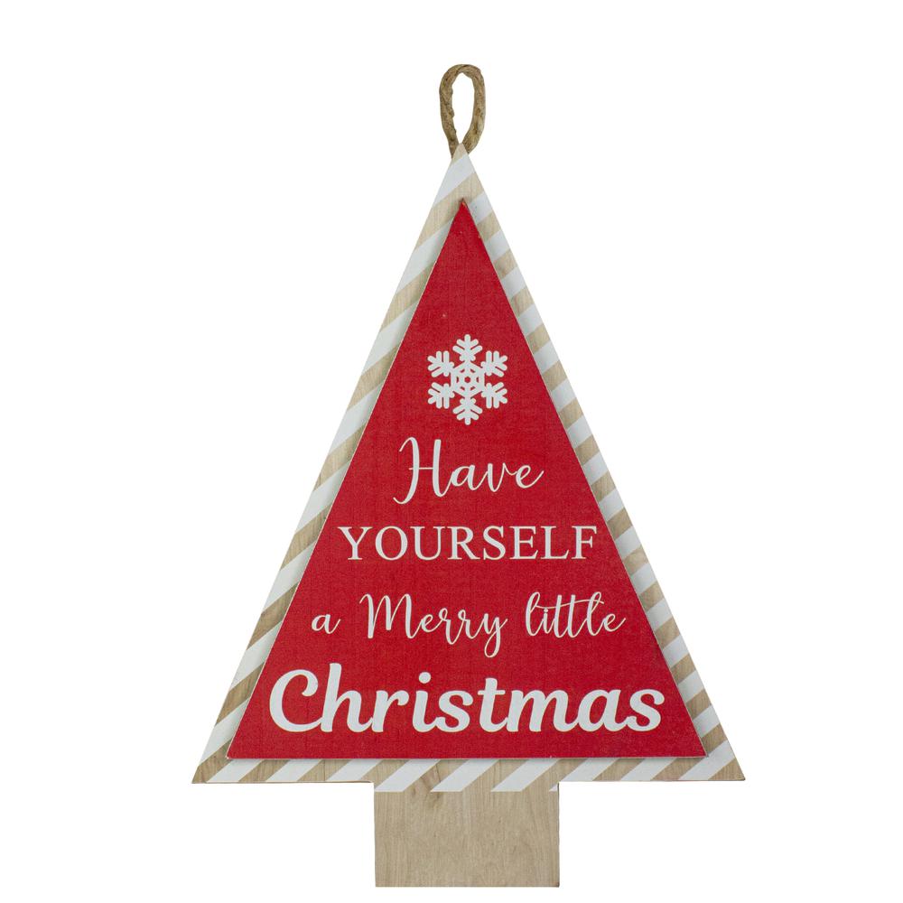 16" Red and White Merry Little Christmas Tree Wooden Hanging Wall Sign. Picture 1