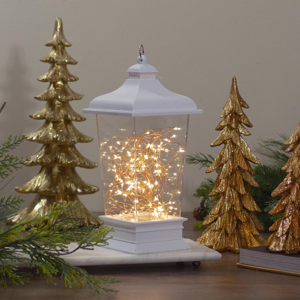 12" Battery Operated White Tapered Lantern with Rice Lights Tabletop Decoration. Picture 2