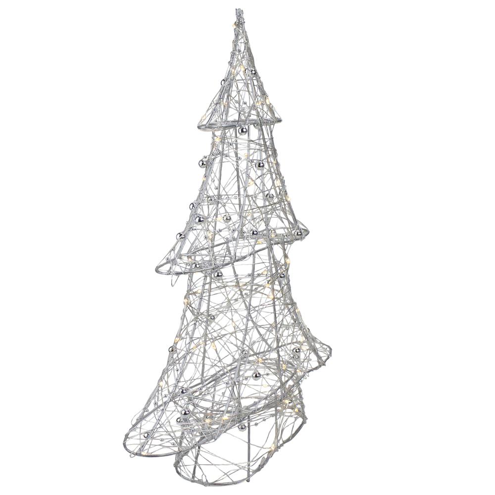 15.25" LED Lighted B/O Silver Wire and Bead Christmas Tree - Warm White Lights. Picture 3