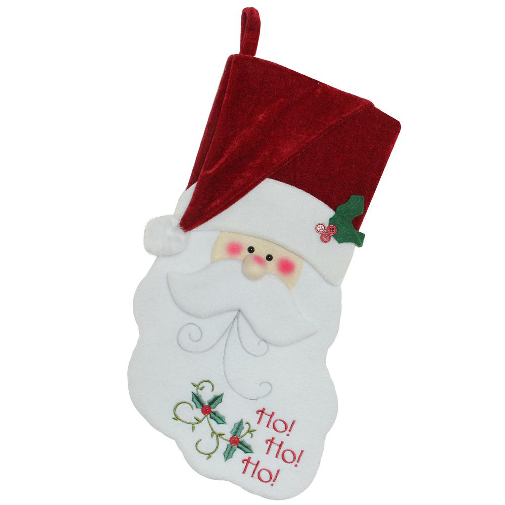19.25" Red and White Embroidered Ho Ho Ho Santa Face Christmas Stocking. Picture 1