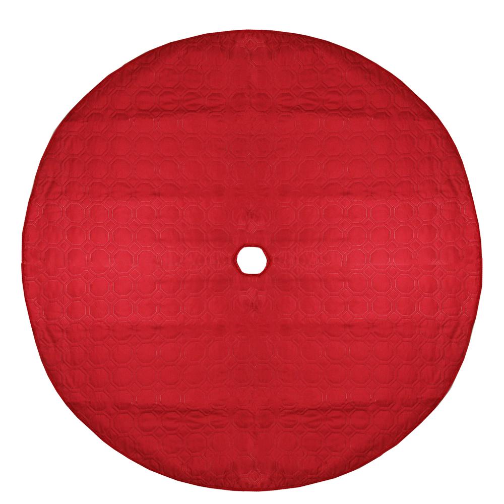 48" Red Quilted Christmas Hexagon Tree Skirt with Velvety Trim. Picture 1