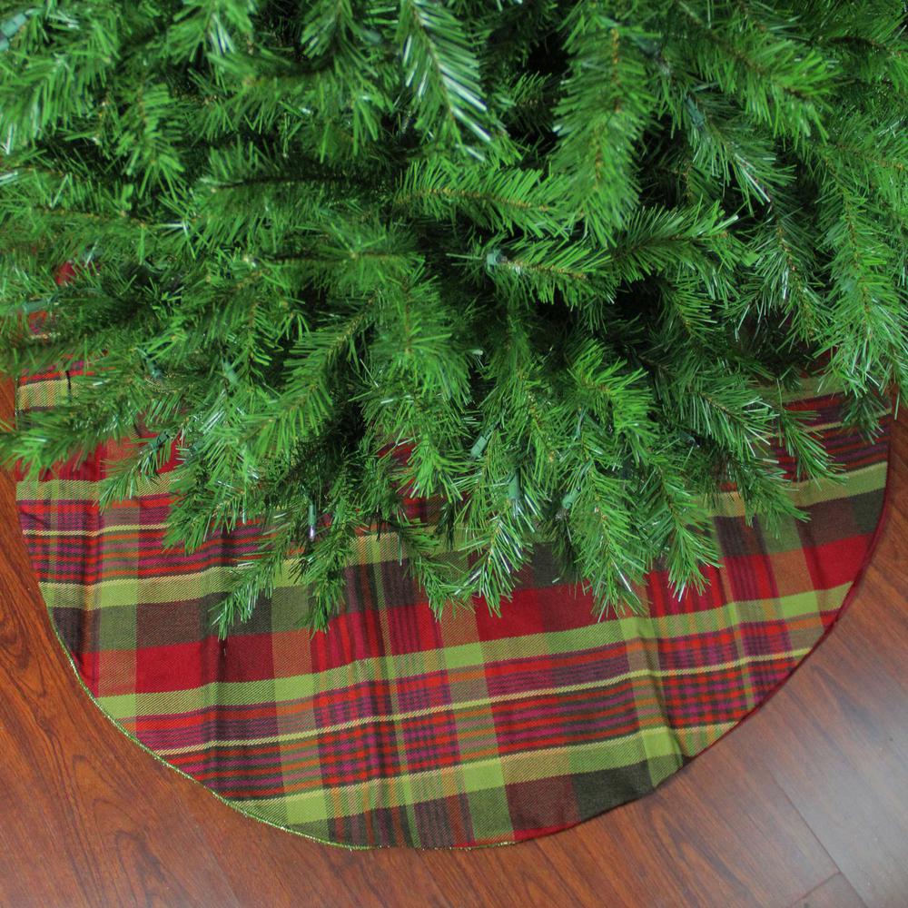 48" Red and Green Plaid Rustic Woodland Christmas Tree Skirt with Green Trim. Picture 2