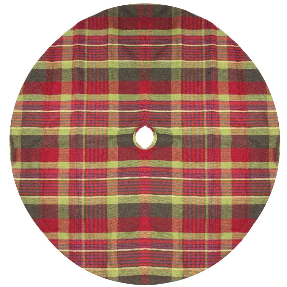 48" Red and Green Plaid Rustic Woodland Christmas Tree Skirt with Green Trim. Picture 1