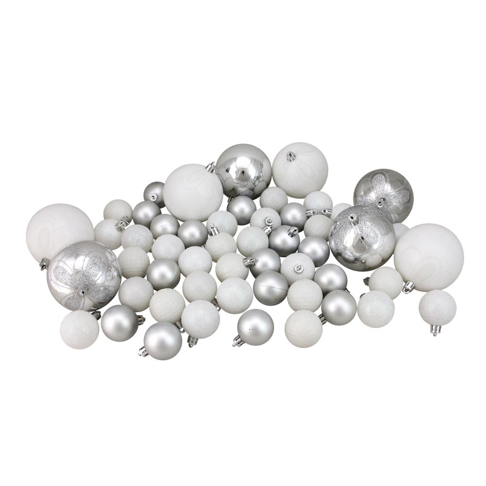125ct Winter White and Silver Shatterproof 4-Finish Christmas Ornaments 5.5" (140mm). Picture 2
